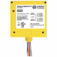 Emergency lighting bypass/shunt relay with DPDT configuration and 20 A rating. Enclosed and pre-wired with a 0.50 in NPT nipple for conduit mounting. Automatically switches lighting circuits to emergency power during mains failure, used in commercial and industrial facilities for safety egress