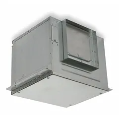 Rectangular duct inline cabinet fan for ceiling-mounted ventilation in commercial or industrial spaces. Square duct connection 8 in x 8 in. Single-speed motor, 135 W, 115V AC single-phase. Discharge direction horizontal or vertical.
