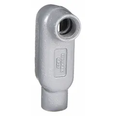 This LB - 90° elbow type conduit outlet body is made of Duraloy 7 iron with a powder-coated finish. It has a 1 1/4 in trade size and a 19.5 cu in body capacity, with threaded RMC connections. Used as a 90-degree pull point in rigid metal conduit runs for wire pulling, splicing, and access.
