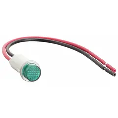 LED indicator pilot light with raised head for panel-mount applications. Features a 12 mm mounting hole diameter and 6-inch wire lead electrical connection. Used on industrial control panels, machinery, and equipment to signal power status or operational conditions.
