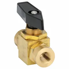This panel-mount brass ball valve features a straight body with 1/8 in FNPT x FNPT connections and a standard port ball port. It is operated by a lever handle for on/off flow control. Typical applications include instrumentation, pneumatic lines, and low-pressure fluid handling systems.