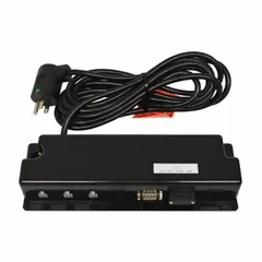 Black plastic control box for healthcare beds. Compatible with Basic American and Eze-Lok/Lomax systems. Used to enable bed adjustment functions in medical facilities.