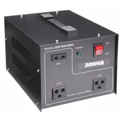 Single-phase voltage converter for stepping up or stepping down between 110V and 220V AC. Rated at 2 kVA with a frequency of 50/60 Hz. Includes a circuit breaker for overcurrent protection. Suitable for adapting equipment to different voltage standards in residential, commercial, or industrial settings.