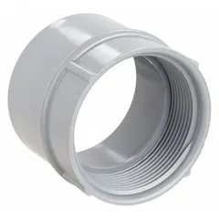 This PVC threaded conduit adapter has a 4 in trade size and a 4 in female thread, designed for Schedule 40/80 conduit. It is used to connect PVC conduit to threaded fittings or enclosures in electrical raceway systems, providing a corrosion-resistant joint.