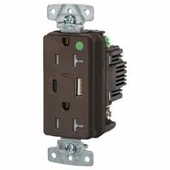 This hospital-grade duplex receptacle provides two USB ports (Type A and C) for device charging alongside a standard 5-20R outlet. Rated 125V AC and 20A, it is suitable for healthcare, hospitality, and commercial environments requiring reliable power and charging in a single unit.