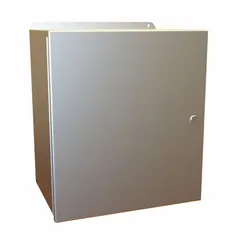 This HAMMOND aluminum enclosure measures 16 x 14 x 10 inches and is rated NEMA 12/13/3R/4/4X for protection against dust, water, and corrosion. It features a hinged cover with latches and includes an inner panel. Typical applications include housing electrical controls, terminals, and instruments in industrial settings.