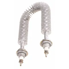 Finned tubular heating element rated 480 V and 1,333 W with 11 in installation depth. Fins increase surface area for efficient heat transfer in forced-air heating systems such as industrial ovens, duct heaters, and process air systems.
