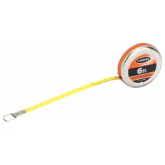 The KESON PD618N is a diameter-scale tape measure with a loop tip and silver finish. It features SAE/Diameter graduations with a 1/100 in scale, measuring in feet and inches. This tape is used for direct diameter measurement of round objects such as pipes, shafts, and cables by wrapping the tape around the circumference.