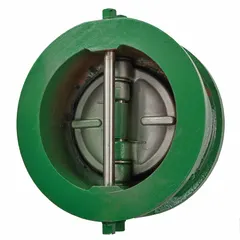 Cast iron double-door wafer check valve with inline valve body, Std type, for 8 in pipe size. Prevents backflow in piping systems handling steam, water, or other industrial fluids. Wafer design installs between flanges for use in HVAC, process piping, and boiler applications.