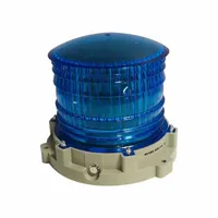 Solar-powered LED flashing light with blue lens, IP68 rating, and 3.2V operating voltage. Overall height 7 1/8 in, diameter 6 1/8 in. Suitable for outdoor warning and marking applications requiring self-contained illumination