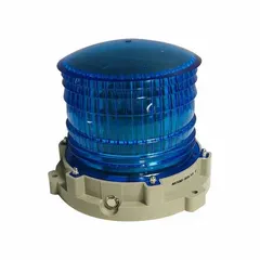 Solar-powered LED flashing light with blue lens, IP68 rating, and 3.2V operating voltage. Overall height 7 1/8 in, diameter 6 1/8 in. Suitable for outdoor warning and marking applications requiring self-contained illumination.