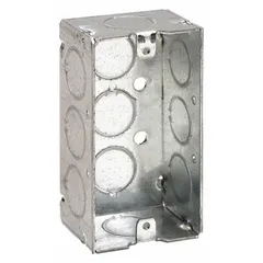 Steel handy box for wiring switches, outlets, or splices. 1-gang design fits standard devices. Supplied without clamps or bracket for custom mounting. Dimensions: 2-1/8 in wide, 1-1/2 in deep.
