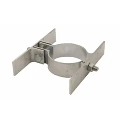 Clamp-on brackets for mounting double-sided signage on 2-3/8 in round sign posts. Made of unfinished silver aluminum, they attach without drilling. Suitable for traffic, parking, and industrial wayfinding applications.