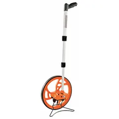 Mechanical measuring wheel with a 23 in spoked single wheel and rubber tread. Fixed handle with pistol grip, aluminum frame, and plastic components. Measures distances up to 9,999 ft in SAE units (10ths). Non-foldable, battery-free design for outdoor distance measurement.