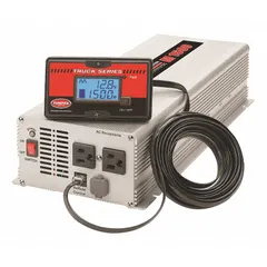 Converts 12V DC battery power to 120V AC at 60 Hz with 1500 W continuous output in modified sine wave form. Features terminal blocks for DC connection and two outlets. Suitable for powering tools and equipment in vehicles, service trucks, and remote work sites.