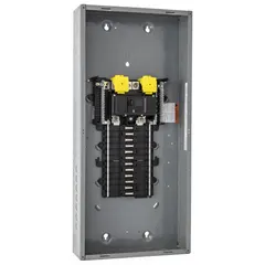 Indoor main breaker load center rated 200 A, 120/240 V AC, single-phase, with 24 spaces and 22 kA short-circuit current rating. Supports up to 12 tandem breakers and features a plug-on neutral for simplified wiring. Convertible design allows main breaker or main lug configuration. Enclosure cover ordered separately.