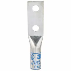 Two-hole compression lug for 400 kcmil stranded copper wire. Long copper barrel design with 1/2 in stud size, no inspection hole. Used for permanent terminations in power distribution and heavy equipment.