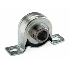 Inch-system stamped steel pillow block ball bearing with a 1/2 in bore, 1 5/16 in shaft height, and 4.437 in overall length. Features set screw locking for shaft attachment and a 7/16 in mounting bolt size. Maximum speed 6,000 RPM. Supports rotating shafts in light-to-moderate duty applications such as conveyors and industrial machinery.