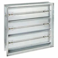 Rectangular manual control damper with V-groove blades and TPE blade seals for regulating airflow in HVAC systems. Includes extension pin kit. Normally open switch action. Ceiling mounted. Maximum air velocity 3000 fpm.