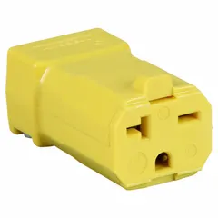 Straight blade connector with NEMA 6-20R configuration, rated 20 A at 250 V AC, 2-pole, 3-wire. Yellow nylon housing for visibility. Hinged design for secure locking. Used for connecting equipment in industrial power distribution systems.