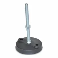 Swivel male leveling mount with M10 thread, 80 mm length, and 22,241.11 N load capacity. Zinc-plated finish, round base, includes mounting holes. Used for leveling and stabilizing industrial machinery, conveyors, and heavy equipment on uneven floors