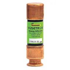 Class RK5 time-delay cylindrical fuse rated 30 A at 250 V AC and 125 V DC. Non-indicating type from the FRN-R series. Designed for branch-circuit protection where high inrush current tolerance is required, such as motor, transformer, and lighting circuits.