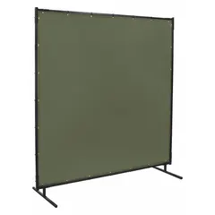 Standard welding screen with a 6 ft height and 6 ft width, constructed with a 3/4 in frame and olive green cotton duck material. Used to shield workers and bystanders from welding arc flash, sparks, and UV radiation in industrial fabrication, maintenance, and construction environments.