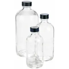 This 125 mL clear narrow mouth round glass lab bottle is made from Type III soda lime glass with a colorless body. It features an attached 22-400 mm phenolic screw closure with a PolyCone liner. Suitable for general laboratory storage of liquids and dry samples in non-critical applications.