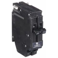This 2-pole miniature circuit breaker is rated 20A at 120/240V AC with a 10kA interrupting capacity. It has a 1-inch width and is designed for overcurrent protection in branch circuits. Suitable for use in residential and light commercial electrical panels.