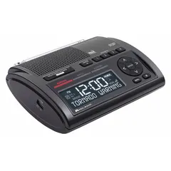The MIDLAND WR400 is a gray portable weather radio that receives FM, AM, and NOAA broadcasts. It features programmable alerts for up to 25 different counties and an audible alert style. Includes an AC adapter and a built-in display. Overall dimensions: 5 7/32 inches deep by 7 inches high.