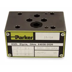 The Parker CM2TTN is a general purpose throttle check valve with D03 NFPA interface, rated for 5000 psi maximum pressure. It allows free flow in one direction and provides controlled restriction in the reverse direction. Typical applications include industrial hydraulic circuits requiring compact flow control.