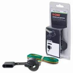 This 4-way flat plug connects trailer lighting to a towing vehicle. It features a 36-inch wire length for flexible installation. Commonly used for utility trailers, boat trailers, and small RVs requiring standard 4-pin wiring for tail lights, turn signals, and brake lights.