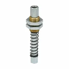 Rotating vacuum buffer with M5 female connections on both ports. Provides 20 mm stroke length and 59.2 mm overall length. Used in automated handling systems to absorb shock and maintain vacuum levels during pick-and-place operations.