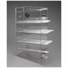 Wall-mounted pipette holder made of clear PETG. Overall width 4 7/8 in, height 18 3/4 in, length 11 1/4 in. Holds five serological pipettes for organized storage in laboratory settings.