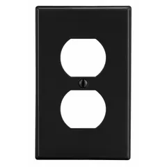 This single-gang, standard-size wall plate is designed for duplex outlets. Constructed from black polycarbonate, it resists cracking and discoloration in typical indoor environments. Suitable for covering and protecting electrical wiring in residential, commercial, and industrial settings.