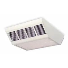 This fan-forced surface-mount electric ceiling heater operates on 277V AC single-phase power and offers selectable wattage outputs of 2000W, 3000W, or 4000W. It measures 5-3/4 in x 16-7/16 in x 5-3/4 in and is finished in gray. The unit does not include a thermostat. Typical applications include supplemental heating in commercial or industrial spaces such as workshops, warehouses, and garages.