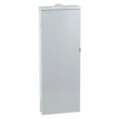 This 200A main circuit breaker load center provides power distribution for three-phase systems in outdoor commercial or industrial applications. It features 42 spaces for branch circuits, a 25kA short circuit current rating, and a plug-on neutral design. The convertible main lug configuration allows flexibility for main breaker or main lug usage. Includes a surface cover for outdoor installation.