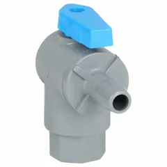 This manual two-way ball valve features a PVC body with an angle configuration, female NPT (FNPT) and barb ends, and a full-port ball port. It is used for on/off flow control in low-pressure water, air, or chemical lines, providing corrosion resistance in plumbing and fluid-handling systems.