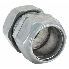 Zinc compression coupling for EMT conduit, 1 in trade size, 1-7/8 in overall length, with plain gray finish. Includes clamp. CSA Certified. Used to join two lengths of EMT conduit in electrical raceway systems.