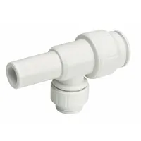 This polysulfone push-to-connect tube fitting is a plastic adapter with three connections: two 3/4 in OD and one 1/2 in OD. It enables tool-free installation in fluid systems, commonly used for branching or reducing tube lines in pneumatic, water, or beverage dispensing applications