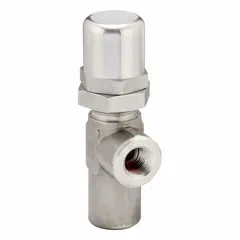 This Parker hard-seat pressure control valve is constructed with a stainless steel body and features a 1/2 in NPT connection. It has a maximum set pressure of 3600 psi and is used to regulate system pressure in hydraulic circuits, protecting downstream components in industrial machinery and mobile equipment.