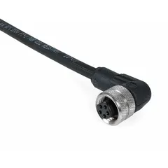 Single-ended cordset with a 1/2"-20 female right-angle connector and bare wire termination. Features 5 pins, a black PUR cable jacket, and 4 m cable length. Used for connecting sensors and actuators in industrial automation applications requiring signal and power transmission in confined spaces.