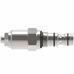 Screw-in pressure control cartridge valve with steel body and nitrile seal. Features screw adjustment for pressure setting. Designed for A878 cavity size. Used in hydraulic systems for pressure regulation in mobile and industrial equipment.