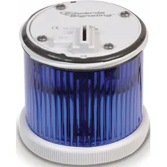 Multimode light module for visual status indication in industrial control panels and automation systems. Provides flashing or steady blue light. 240V AC operation. 70 mm overall diameter. Blue lens. Compatible with 200 Class series.