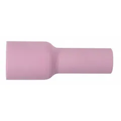 This MILLER ELECTRIC large-diameter gas lens nozzle is made of alumina and features a No. 12, X-Long design. It is used in TIG welding to improve shielding gas coverage and reduce turbulence, with extended reach for deep joint access.