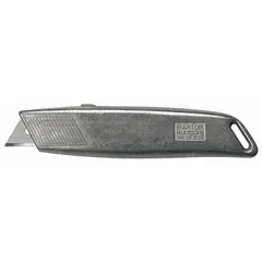 This retracting utility knife from MARTOR features a 5 1/2 in overall length and a plain, unpainted zinc body. The screw-type blade retention mechanism allows for secure blade changes. Commonly used for cutting cardboard, plastic strapping, and packaging materials in warehouse and logistics environments.