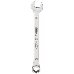 This metric spline combination wrench features a 10 mm head size with an offset design for improved access to recessed fasteners. The chrome finish provides corrosion resistance. Suitable for tightening and loosening fasteners in general maintenance and repair tasks.