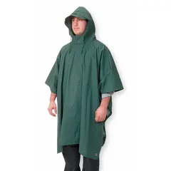 This hooded rain poncho is made from 0.2 mm thick Nylon/PVC with stitched seams and snap closure. It is 50 inches long, universal size, reusable, and includes a storage bag. Suitable for outdoor work, emergency preparedness, and industrial site use.