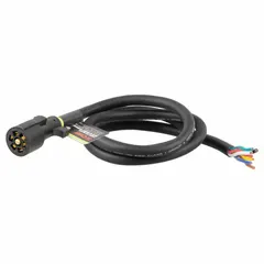 This 7-way blade connector is used for trailer wiring connections in towing applications. It features a 1 3/4 in diameter and a 6 ft wire length with an overall length of 6 ft. Suitable for connecting trailer lighting, brakes, and auxiliary power.