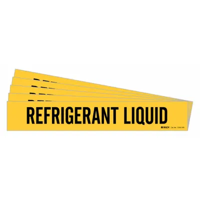 BRADY Pipe Marker: Refrigerant Liquid, Yellow, Black, Fits 8 in and Larger Pipe O.D. - Refrigerant Liquid Adhesive Pipe Markers
